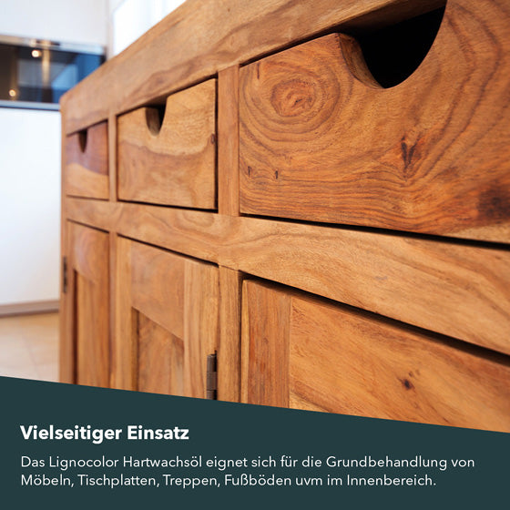 Auflistung der Anwendungsbereich für das Hartwachsöl mit dem Bild einer Holzkommode.
