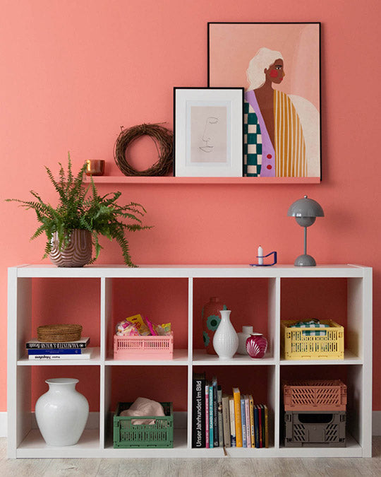 IKEA Kallax Regal, dass vor einer Wand im Farbton Flamingo steht