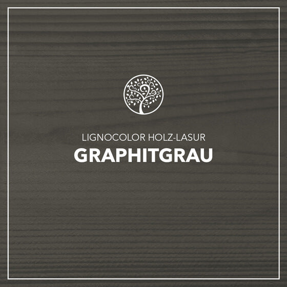 Holzlasur Graphitgrau gestrichen auf einem Holzbrett.