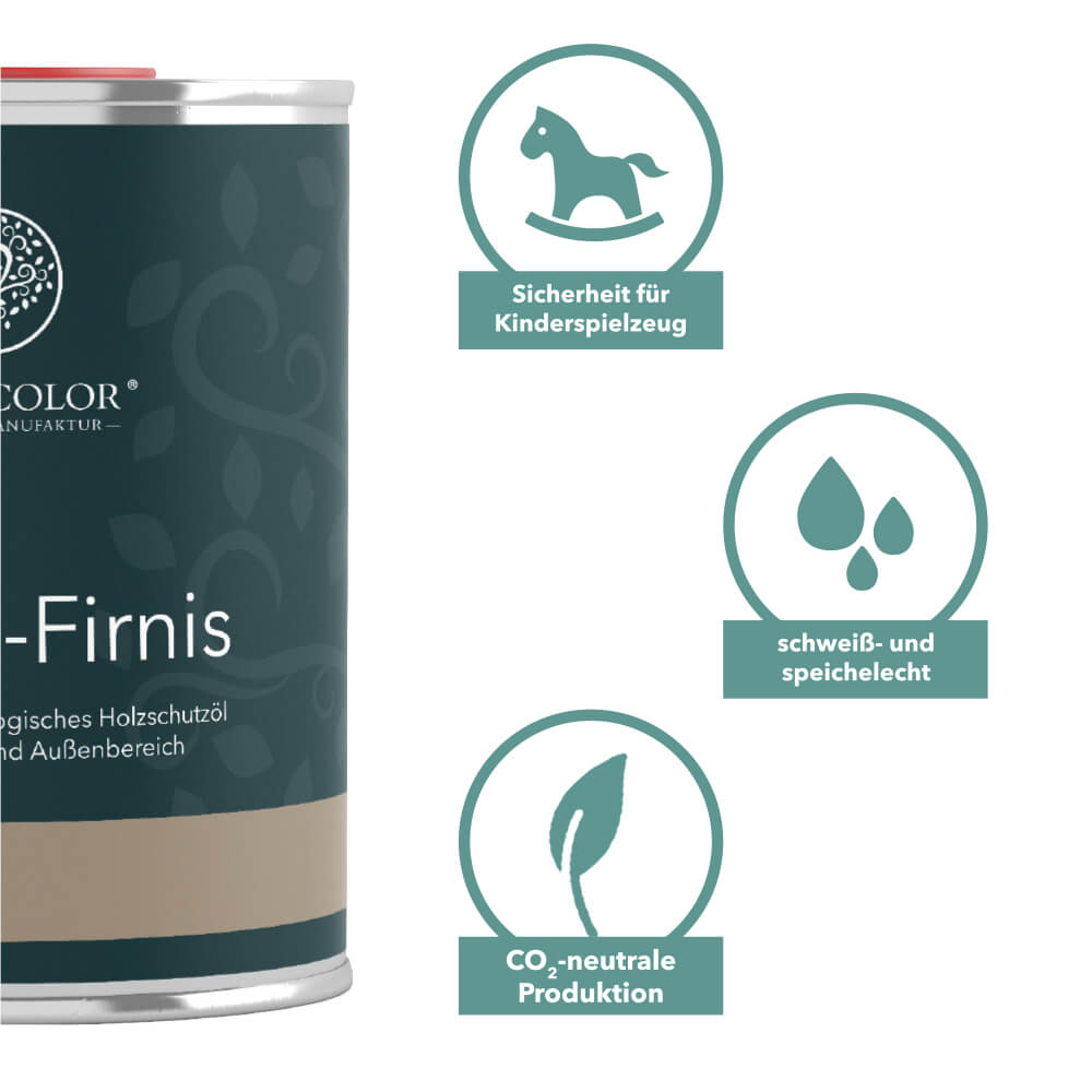 Symbole für die Sicherheit und Nachhaltigkeit des Lignocolor Leinöl-Firnis