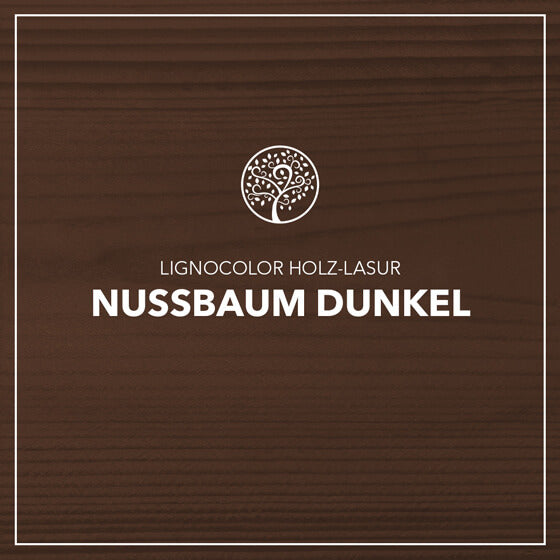 Holzlasur Nussbaum dunkel gestrichen auf einem Holzbrett.