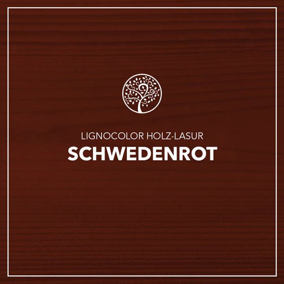 Holzlasur Schwedenrot gestrichen auf einem Holzbrett.