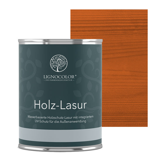 Holzlasur Teak Dose mit lasiertem Brett im Hintergrund.