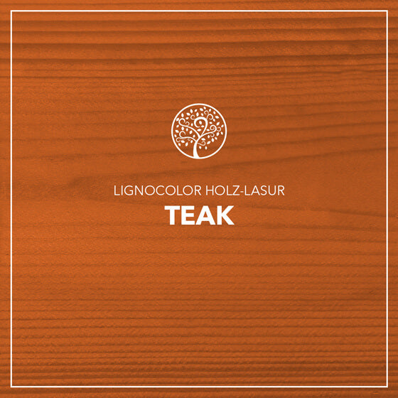 Holzlasur Teak gestrichen auf einem Holzbrett.