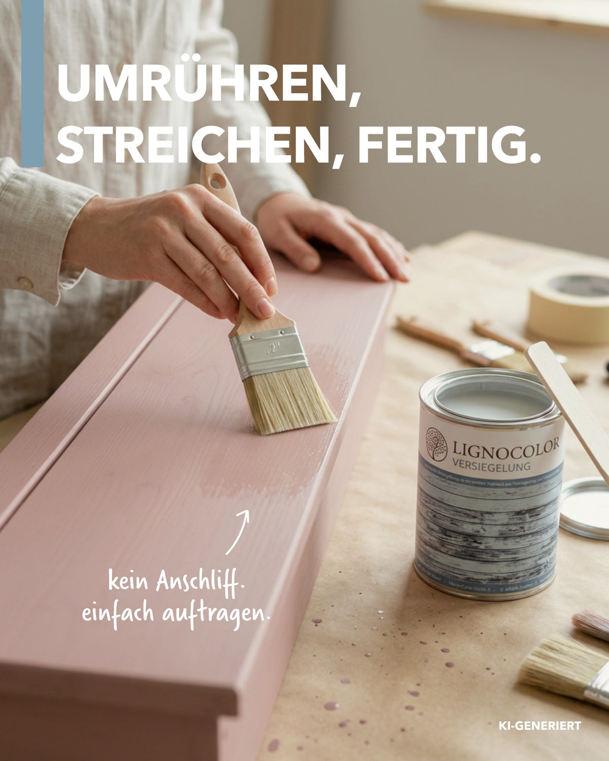 Bild zeigt die Hände einer Frau während sie ein in Rosa gestrichenes Regal mit der Lignocolor Versiegelung bepinselt. Text im Bild sagt: Umrühren, streichen, fertig. Kein Anschliff. einfach auftragen.