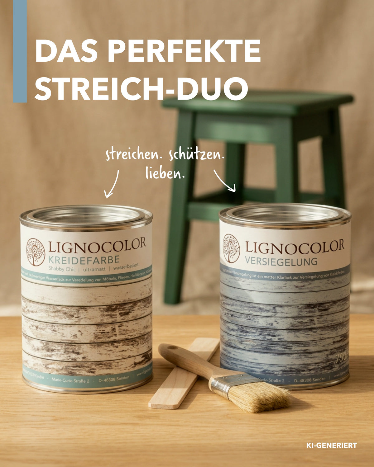 Dosen der Lignocolor Kreidefarbe und Versiegelung nebeneinander. Im Hintergrund ein dunkelgrün gestrichener Hocker. Text im Bild sagt: Das perfekte Streich-Duo. Streichen. schützen. lieben.