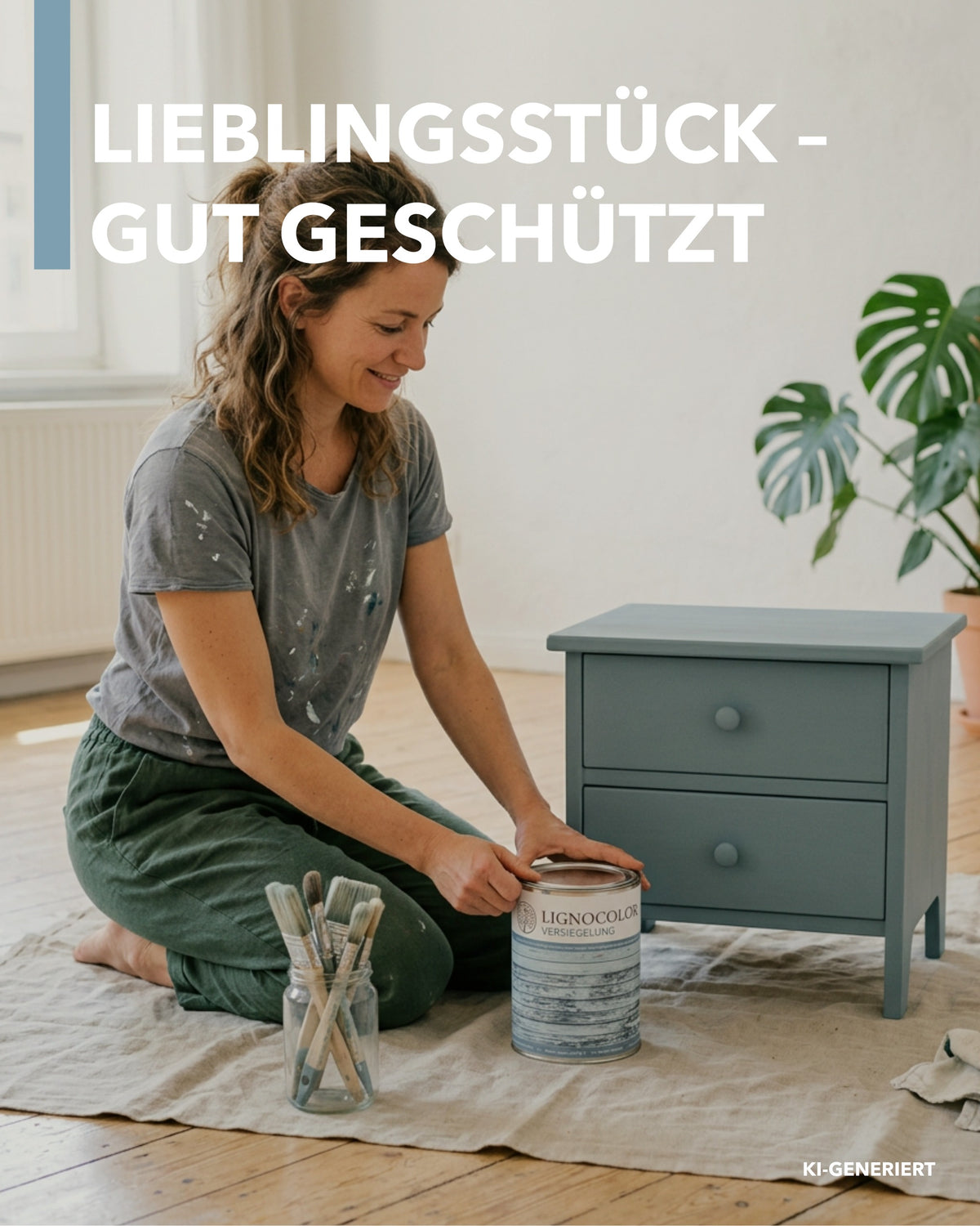 Bild zeigt eine junge Frau auf dem Boden kniend vor einem blau gestrichenen Nachtschränkchen. Sie hat eine Dose der Lignocolor Versiegelung vor sich. Text auf dem Bild sagt: Lieblingsstück - gut geschützt