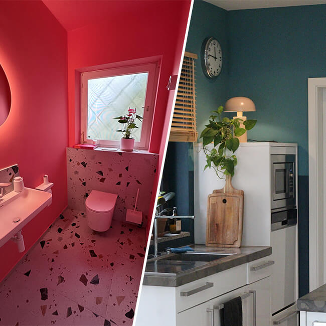 Zweiseitiges Bild, dass die Anwendungsbereiche der abwaschbaren Wandfarbe, Badezimmer und Küche zeigt