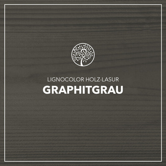 Holzlasur Graphitgrau gestrichen auf einem Holzbrett.