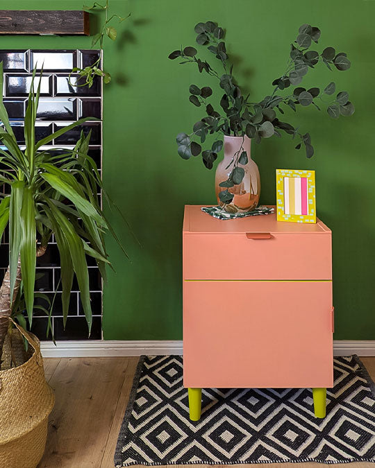 Kommode im Farbton Grün vor einer Wand im pfirsichfarbenen Peachy Bellini
