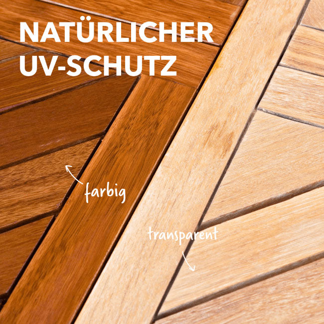 Gartentisch bei dem eine Hälfte geölt ist.
