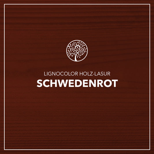Holzlasur Schwedenrot gestrichen auf einem Holzbrett.